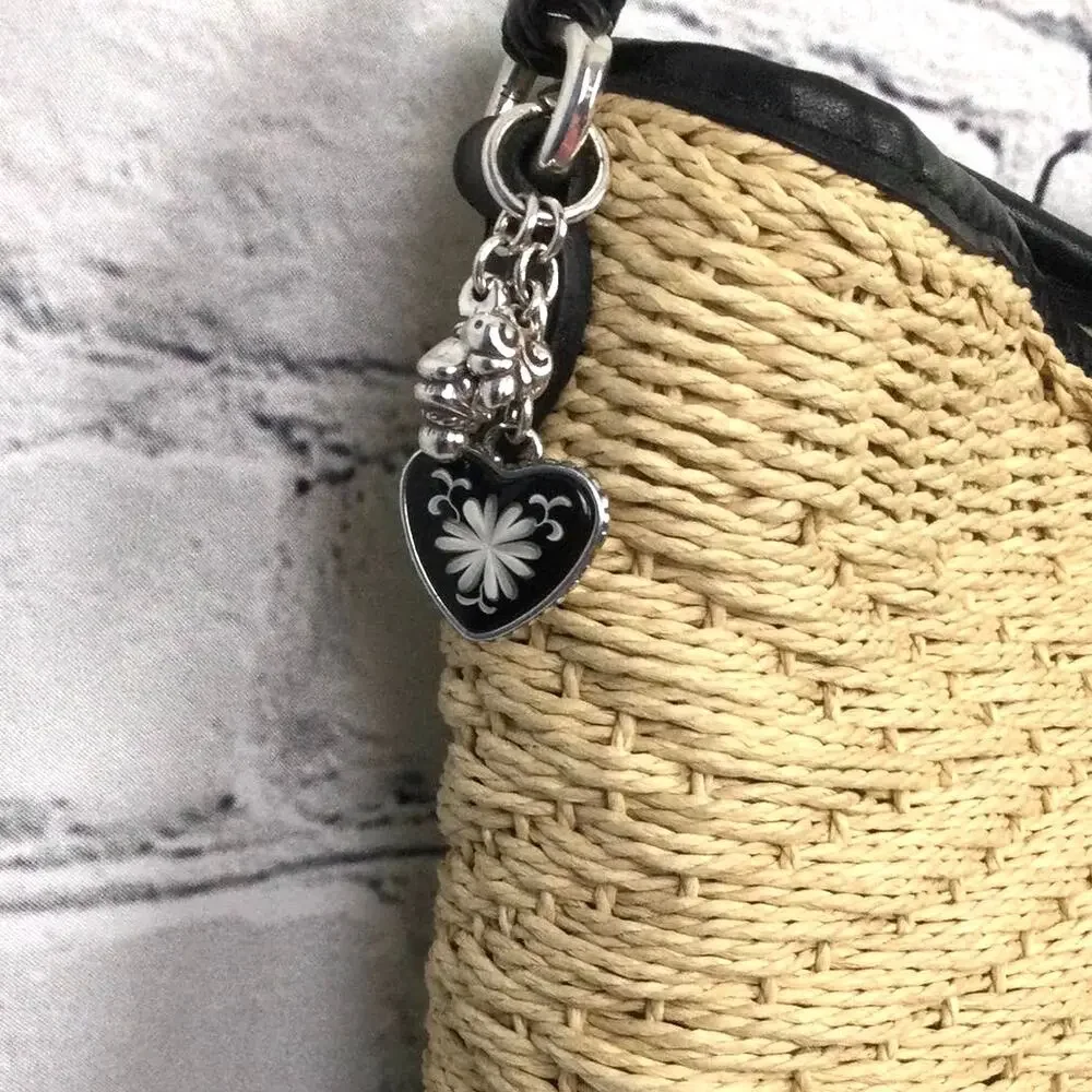 Brighton Cottagecore Cream Woven Straw Black Leather Braided Handle Baguette